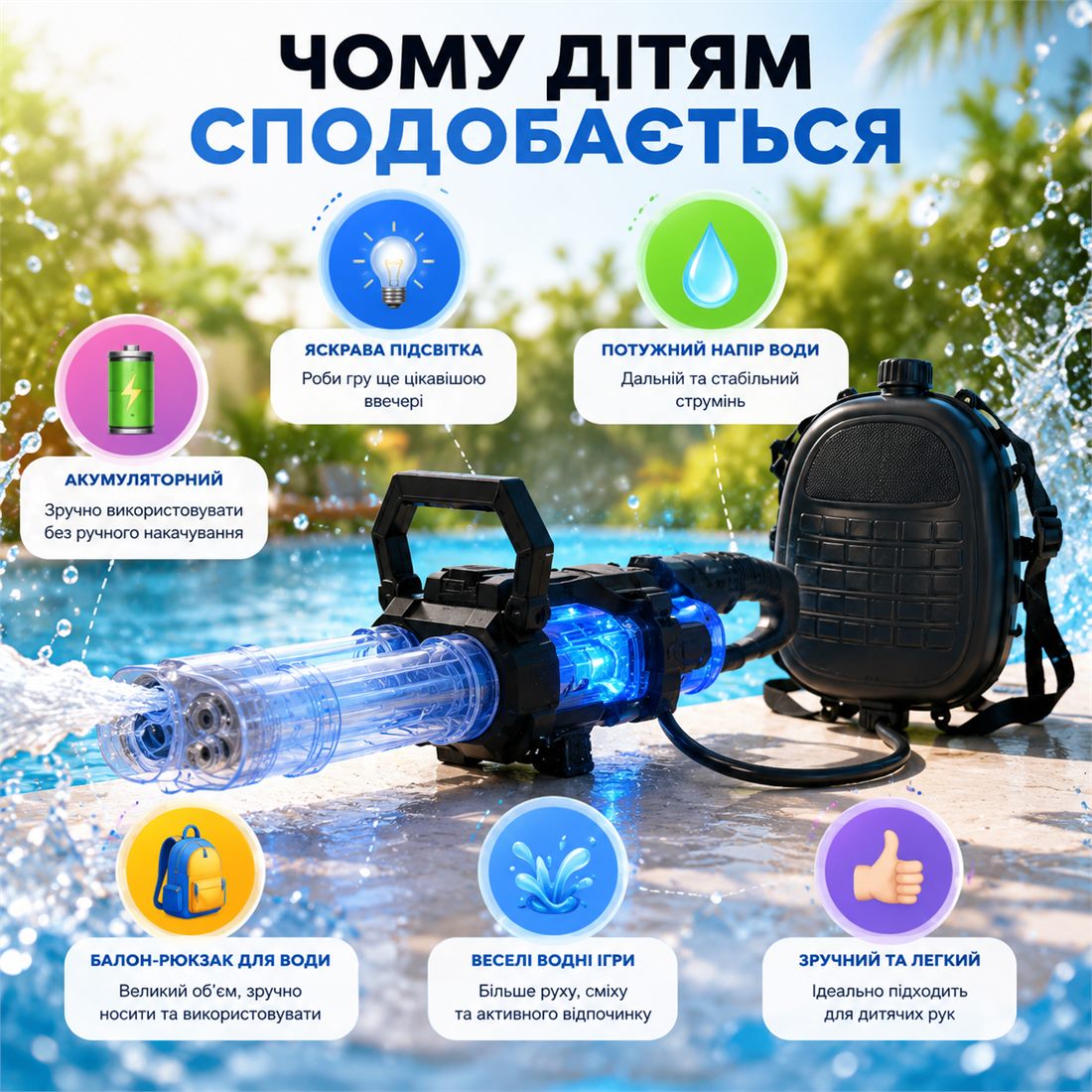 Переваги водяного бластера JF-005G з іконками навколо товару
